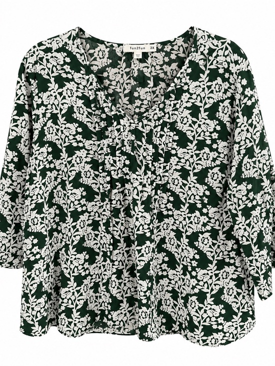 fun 2 fun Tops - Floral V-Neck Green & White Women's Top Three quarter sleeves Plus 2X